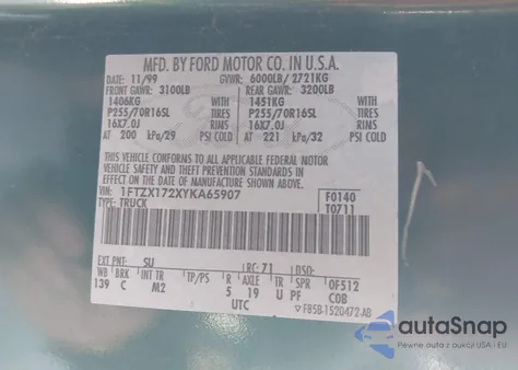 2000 Ford F-150 Work Series/Xl/Xlt z USA, uszkodzony, nr VIN 1FTZX172XYKA65907